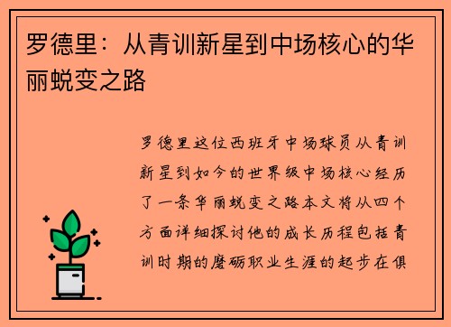 罗德里：从青训新星到中场核心的华丽蜕变之路